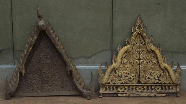 (2) antique Thai carved giltwood votive plaque cre: (2) antique Thai carved giltwood votive plaque crests, 19th century, both with Naga dragon and floral-carved motifs, one with Thai inscription, approx. 44"h x 39"w Provenance: Doris Duke's Southeast A