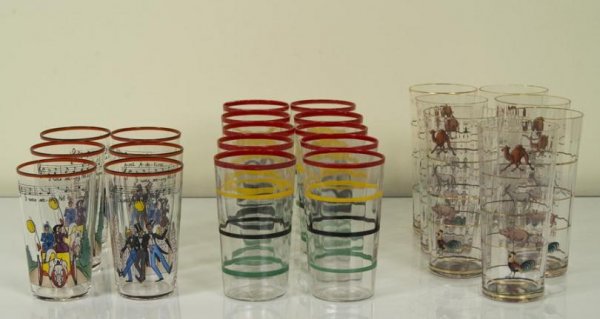 Group enameled glass barware from the Tap Room at : Group enameled glass barware from the Tap Room at Duke Farms, First half 20th century, comprising: (7) tall tumblers with animal motif: (6) with musical theme and (10) with multi stripe, largest: 6"h 