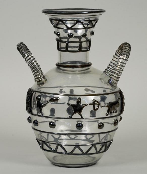Ermanno Nason for Cenedese Murano glass vase: Ermanno Nason for Cenedese Murano glass vase, 20th century, colorless glass with applied black decoration, engraved signature "Cenedese - Murano", 15"h x 11"w