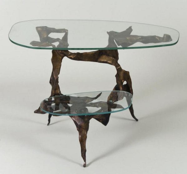 Francois Thevenin (b. 1931, French), table: Francois Thevenin (b. 1931, French), table, Biomorphic occasional table, etched and patinated bronze with glass, signed and dated "Francois et Sido Thevenin - Cannes 1971 - GTS", 23.75"h x 35.5"w x 28