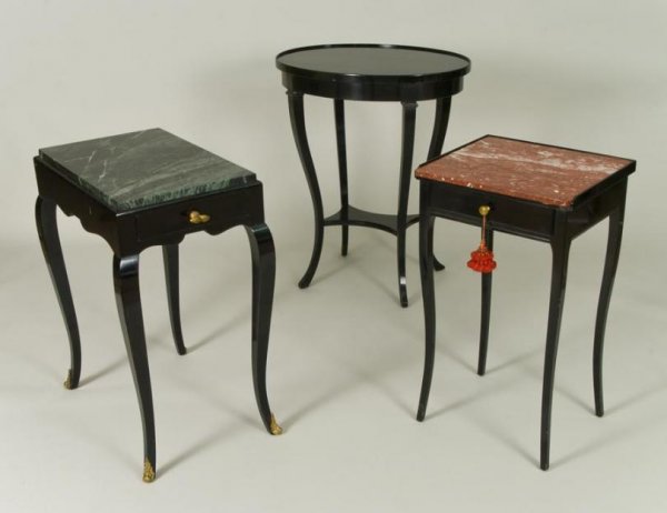(3) Louis XVI style black lacquered occasional tab: (3) Louis XVI style black lacquered occasional tables, 20th Century, in the manner of Jansen, two with marble tops, largest: 28.5"h x 25"l x 19"d, smallest: 27"h x 15.75"w x 13.5"d