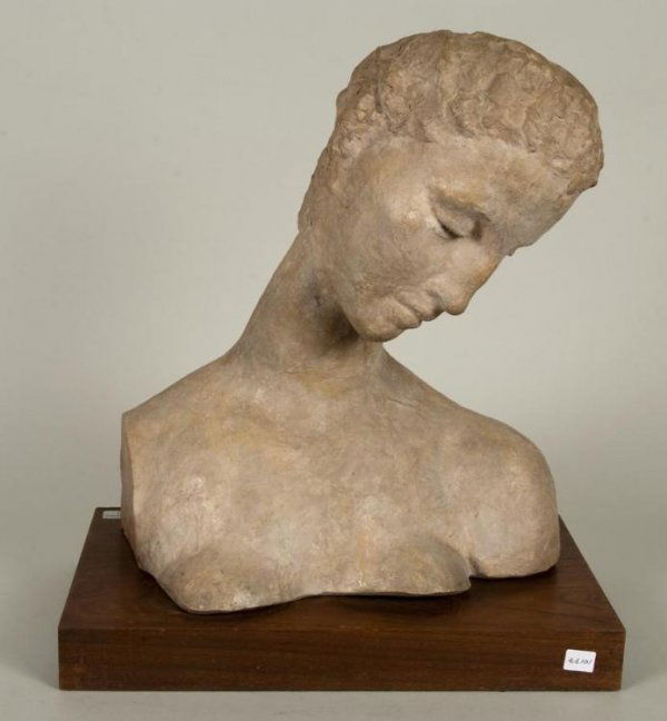 Attributed to Wilhelm Lehmbruck (1881-1919, German: Attributed to Wilhelm Lehmbruck (1881-1919, German), sculpture, Bust of a kneeling woman, terra cotta, bears inscribed signature "W. Lehmbruck", on custom wooden block base, bears paper label on inter