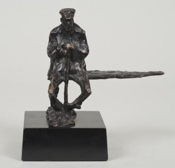 Kees Verkade (b. 1941, Dutch), sculpture: Kees Verkade (b. 1941, Dutch), sculpture, Old man on a bench, bronze with brown patina, signed, dated and numbered "KV69 - 6/10", on black lacquered base, 6.25"h x 6.5"l x 3.75"d (excluding base), 8"h