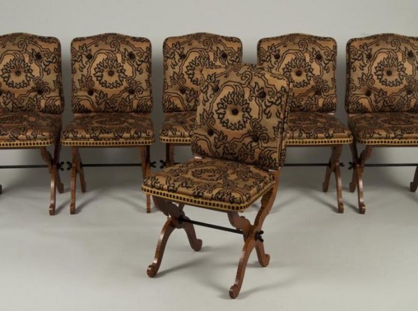 Set (12) contemporary designer faux bois dining ch: Set (12) contemporary designer faux bois dining chairs, 20th century, each with rectangular upholstered back and flared rectangular seat on flattened curule supports with iron wing-nut joints, 32"h x 