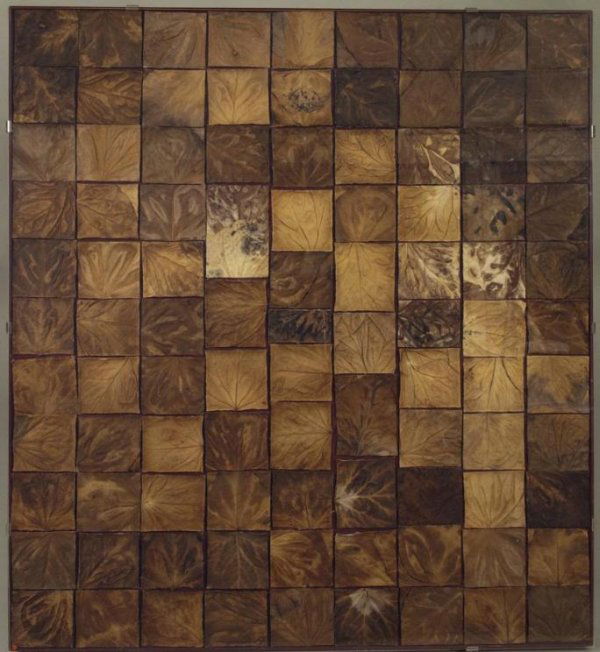 Robert Courtright (b. 1926, American), collage: Robert Courtright (b. 1926, American), collage, Untitled, tobacco leaf collage on panel, signed and dated "Courtright '77", on verso, 40" x 43.75"(total), strip frame under plexiglas Provenance: From