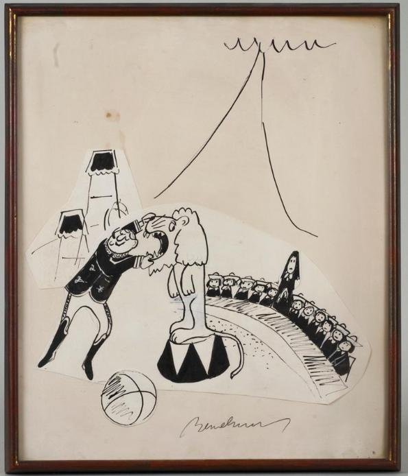 Ludwig Bemelmans (1898-1962, Austrian/American), d: Ludwig Bemelmans (1898-1962, Austrian/American), drawing, Lion tamer (probably from "Madeleine and the Gypsies"), ink, white paint and collage on paper, signed in pencil "Bemelmans", lower right, appr