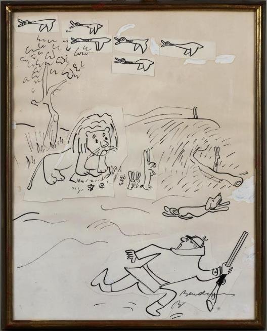 Ludwig Bemelmans (1898-1962, Austrian/American), d: Ludwig Bemelmans (1898-1962, Austrian/American), drawing, Hunter and lion (probably from "Madeleine and the Gypsies"), ink, white paint and collage on paper, pencil-signed "Bemelmans", lower right, ap