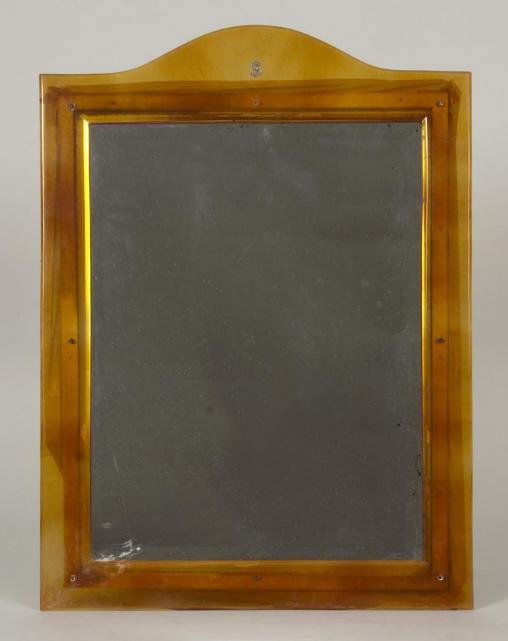 Diamond-set Bakelite dressing mirror attributed to: Diamond-set Bakelite dressing mirror attributed to Morabito, Mid-20th century, the beveled mirror plate within an arched frame mounted with pave-set diamonds form the initial "S", 20.75"h x 15.25"w Pr