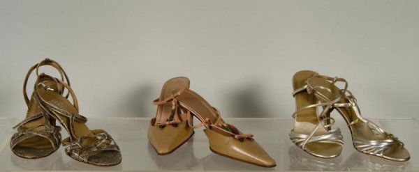 Group Valentino evening shoes: Group Valentino evening shoes, Circa 1990s, including: (1) pair silver and gold kidskin evening sandals, size 38.5; (1) pair green lizard skin evening sandals, size 38.5; (1) pair camel heels with pin