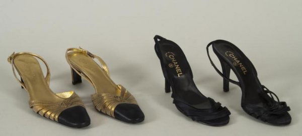 Group Chanel evening shoes: Group Chanel evening shoes, Including: (1) pair black satin evening sandals, size 39, and (1) pair black leather and gold kid leather evening shoes, size 39.5 Provenance: The Estate of Lucia Moreira-S