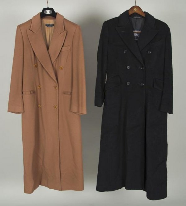 Group Armani and Burberry coats: Group Armani and Burberry coats, Circa 1980s, including: (1) Giorgio Armani double breasted coat, and (1) Burberry black wool and cashmere double breasted coat, Armani: 16"sh x 25"sl x 40"b x 49"l; Bu