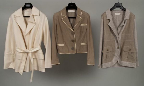(3) Valentino jackets: (3) Valentino jackets, Circa 1990s, including: (1) tan suede short jacket; (1) belted cream wool jacket; (1) linen and sweater knit jacket, tan suede jacket: 15"sh x 23"sl x 38"b x 19"l, cream wool ja