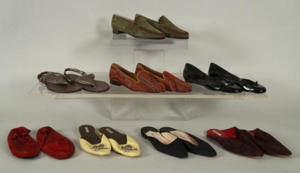 (7) pairs Stubbs, Hermes, Blahnik, Louboutin, Vale: (7) pairs Stubbs, Hermes, Blahnik, Louboutin, Valentino, Veneta shoes, Circa 2000s, including: (1) pair Stubbs & Wooten paisley flats; (1) pair Hermes burgundy suede slides; (1) pair Christian Loubout