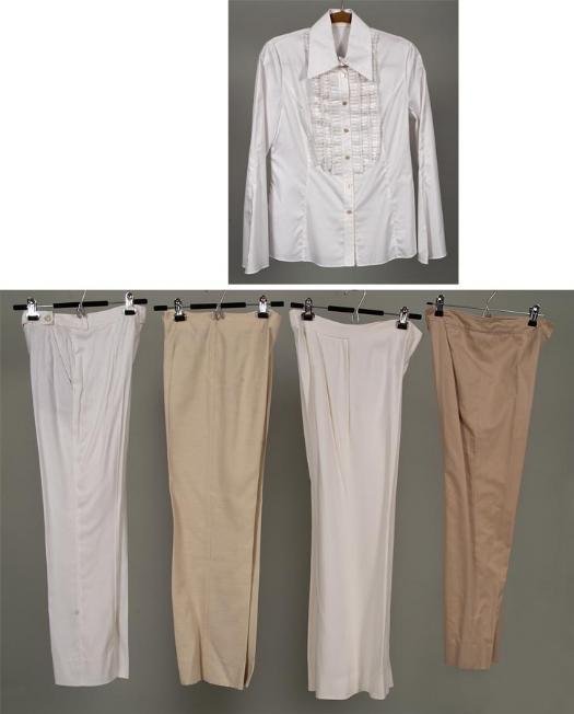 Group Valentino clothing: Group Valentino clothing, Circa 1990s, including: (1) white cotton blouse with ruffled tuxedo front, marked size 8; and (4) pairs white summer pants in silk, cotton and linen, silk: 30"w x 30"i, crepe