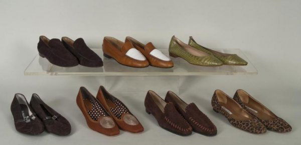 (7) pairs Blahnik, Hermes, Ferragamo and Louboutin: (7) pairs Blahnik, Hermes, Ferragamo and Louboutin shoes, Circa 2000s, including: (1) pair Hermes brown suede loafers; (1) pair Hermes brown and white loafers; (1) pair Manolo Blahnik leopard suede fl