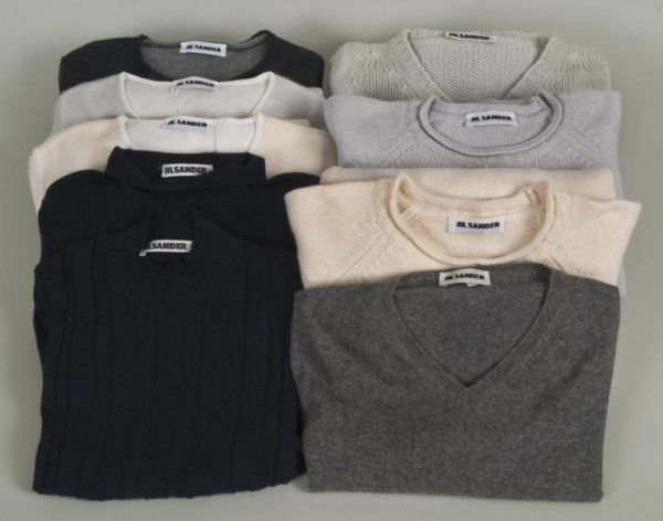(9) Jil Sander pullover sweaters: (9) Jil Sander pullover sweaters, Circa 1990s, including: cream, light blue, charcoal and black, all size Medium Provenance: The Estate of Lucia Moreira-Salles, NY