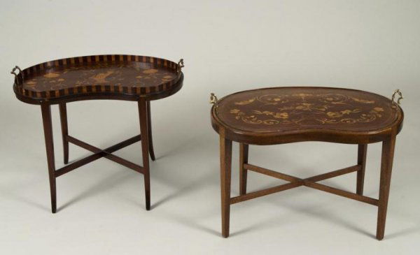 Associated pair George III style inlaid tray table: Associated pair George III style inlaid tray tables, 19th century, each kidney-shaped tray top with brass handles and marquetry inlay on later table base, larger: 19"h x 24.5"l x 14.5"d
