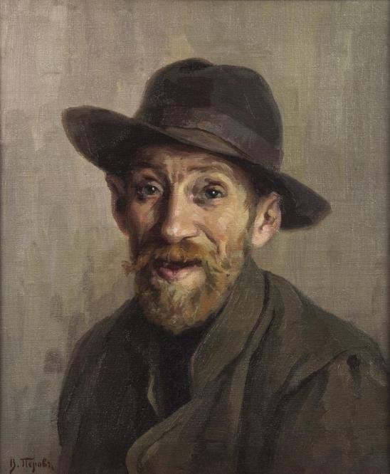Vassili Grigorievich Perov (1834-1882, Russian), p: Vassili Grigorievich Perov (1834-1882, Russian), portrait, Portrait of a bearded man with hat, oil on canvas, signed in Cyrillic, lower left, 17.25" x 14" (sight), framed