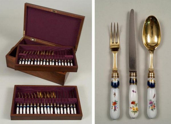 Continental porcelain-handled gilt-metal flatware: Continental porcelain-handled gilt-metal flatware service, 19th century, probably German, comprising: (12) knives; (12) forks; and (12) spoons, the cobalt blue banded handles decorated with flowers an