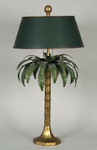 Gilt and painted tole palm tree table lamp: Gilt and painted tole palm tree table lamp, 20th century, with green painted fronds and gilt trunk, 36"h x 16.5"h