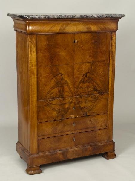 Biedermeier figured walnut secretaire a abbatant: Biedermeier figured walnut secretaire a abbatant, 19th century, the marble top over an ogee drawer, drop writing lid and 3 drawers on molded feet, 56.5"h x 39.5"w x 19"d