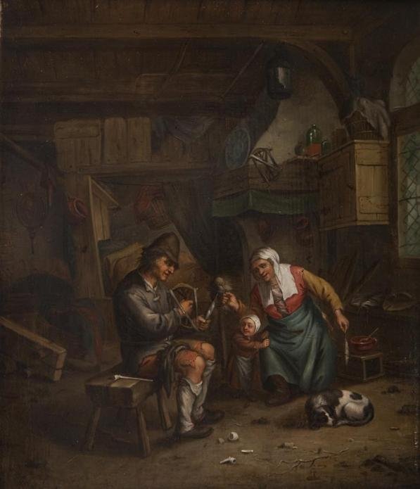 Manner of Adriaen van Ostade (1610-1685, Dutch), p: Manner of Adriaen van Ostade (1610-1685, Dutch), painting, Peasants spinning wool, oil on cradled panel, apparently unsigned, 11" x 9.5" (sight), ebonized Dutch style frame