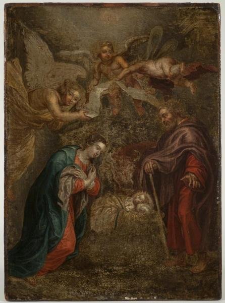 School of Sir Anthony van Dyck (1599-1641, Flemish: School of Sir Anthony van Dyck (1599-1641, Flemish), painting, Adoration of the Christ Child, oil on canvas, unsigned, 18" x 13.25" (stretcher), unframed Provenance: PB-84, Property from the Estate of