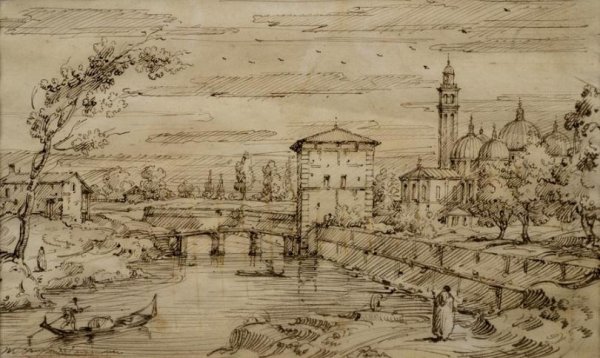 Venetian School (18th century), old master drawing: Venetian School (18th century), old master drawing, View of Venice, ink on paper, signed illegibly, lower left, and inscribed "Pastora?", lower center, 6.75" x 11.5" (sight), matted and framed under g