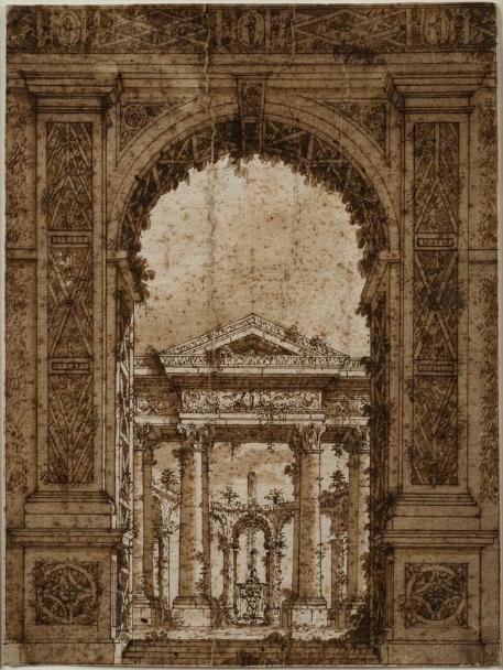 Italian School (17/18th century), old master drawi: Italian School (17/18th century), old master drawing, Architectural rendering with arch and giardino, ink and wash on paper, apparently unsigned, 10.25" x 7.75" (sheet), matted and framed under glass