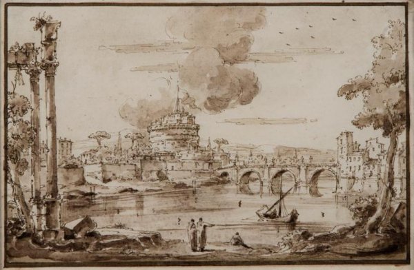 Italian School (18th century), old master drawing: Italian School (18th century), old master drawing, View of Castel Sant'Angelo, Rome, ink and wash on paper, apparently unsigned, 7" x 10.75" (sheet), matted and framed under glass