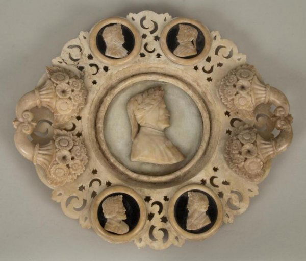 Italian Grand Tour alabaster humanist portrait dis: Italian Grand Tour alabaster humanist portrait dish, 19th century, the pierced circular dish with cornucopiae handles set with portrait plaques depicting Dante, Bocaccio, Petrarch and Bembo, 2"h x 15"