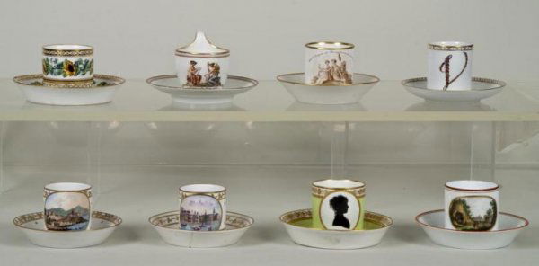 Collector's group (8) Doccia, Vienna and KPM cabin: Collector's group (8) Doccia, Vienna and KPM cabinet cups and saucers, 18/19th century, including a Vienna coffee can with silhouette medallion depicting Princess Christina of Italy, a Doccia coffee c