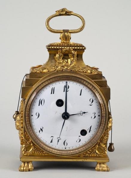 Louis XVI ormolu "Grande Sonnerie" traveling clock: Louis XVI ormolu "Grande Sonnerie" traveling clock, 18/19th century, with repeating mechanism, the white enamel dial with Arabic numerals set before a key-winding chiming mechanism within a block-form