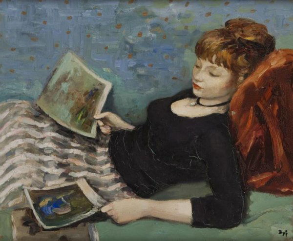 Marcel Dyf (1899-1985, French), oil painting: Marcel Dyf (1899-1985, French), oil painting, "Fille aux Estampes", 1957, oil on canvas, signed "Dyf", lower right, 23" x 28"(sight), giltwood frame - Provenance Note: "Claudine aux estampes" 60x73Cm.