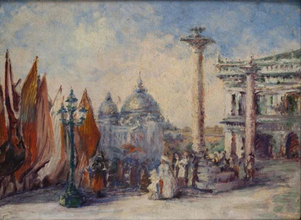 Attributed to Harriette Bowdoin (1880-1947, Americ: Attributed to Harriette Bowdoin (1880-1947, American), painting, European parade, oil on board, apparently unsigned, 11.5" x 15.5" (sight), giltwood frame