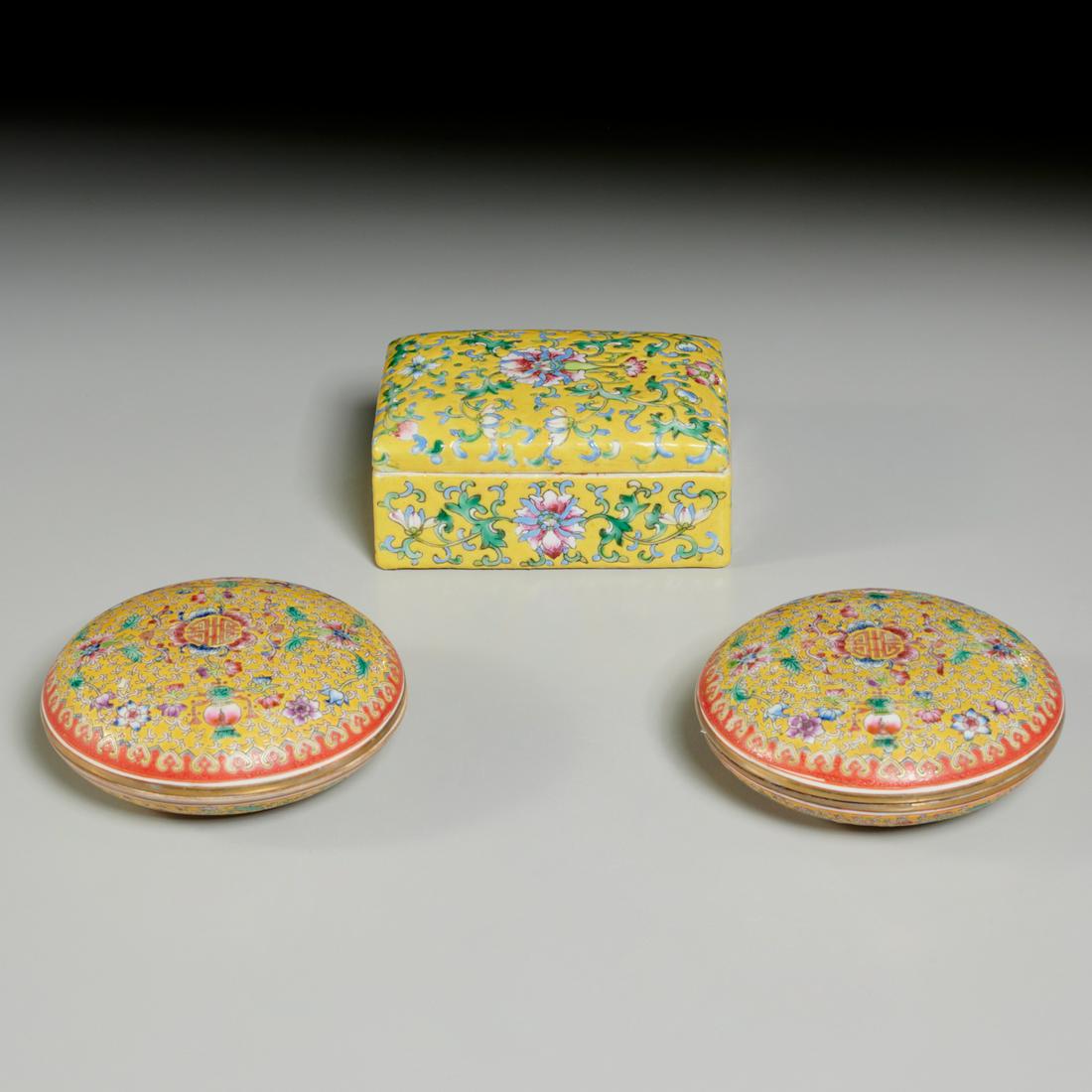 (3) Chinese famille jaune porcelain boxes (1 of 7)
