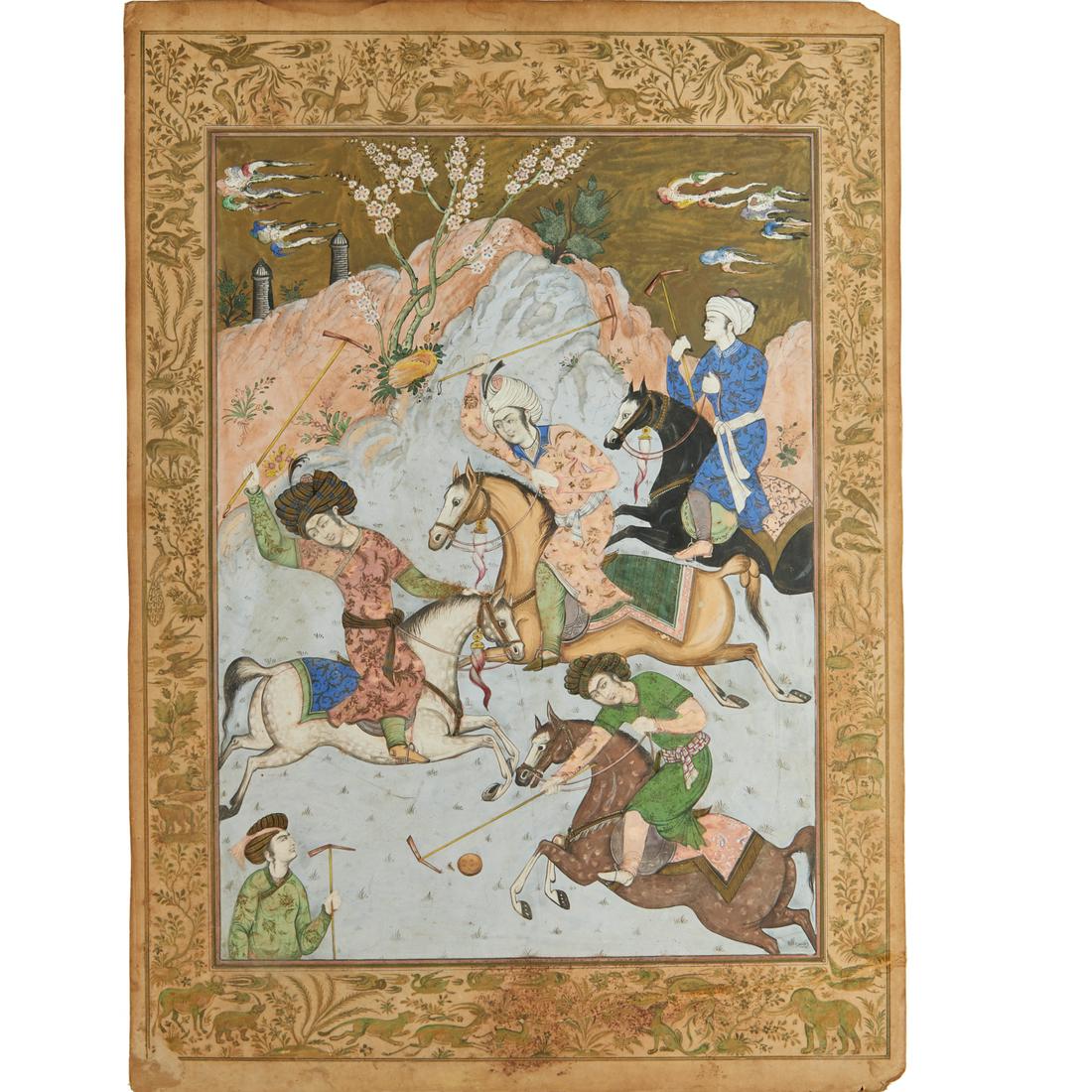 Safavid School, large gouache and gilt painting (1 of 6)