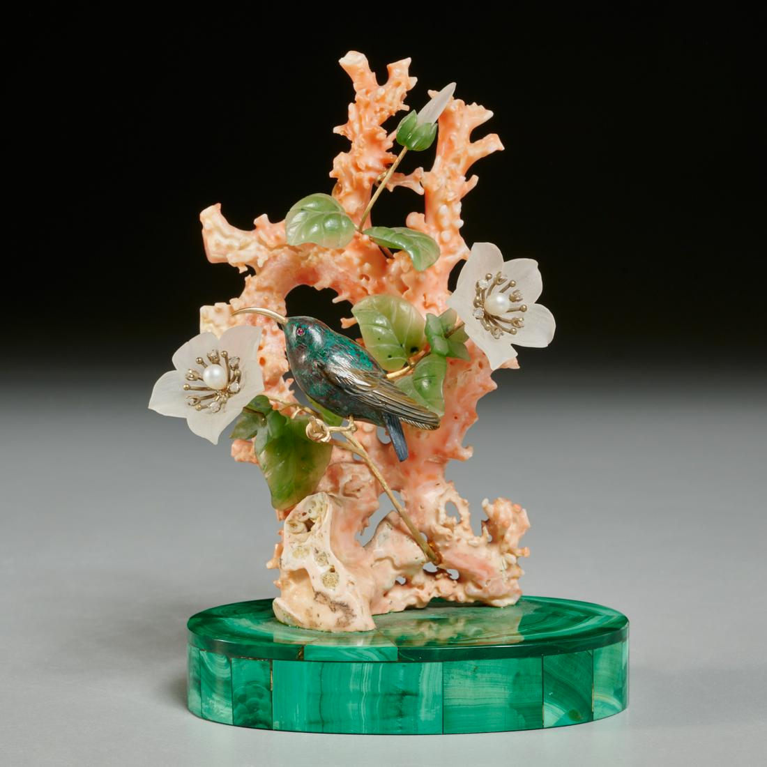 Jeweled coral, hardstone floral model bibelot (1 of 5)