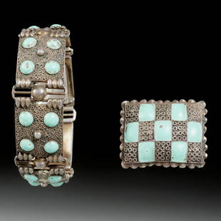 Theodor Fahrner, enameled sterling bracelet & pin: Theodor Fahrner, enameled sterling bracelet & pin, c. 1920's, Germany, incl. a sterling link bracelet and matching pin, each with raised turquoise enameled bead design, each stamped "Sterling, Germany