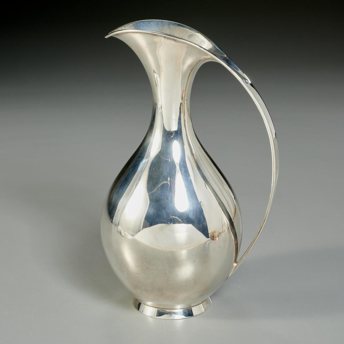 Kay Fisker for A. Michelsen, silver pitcher: Kay Fisker for A. Michelsen, silver pitcher, 1927/c. 1950, Denmark, sterling silver, stamped to underside with designer, maker, assayer, and letter date Z8, 10"h x 6"l x 5"w, approx. 20.5ozt