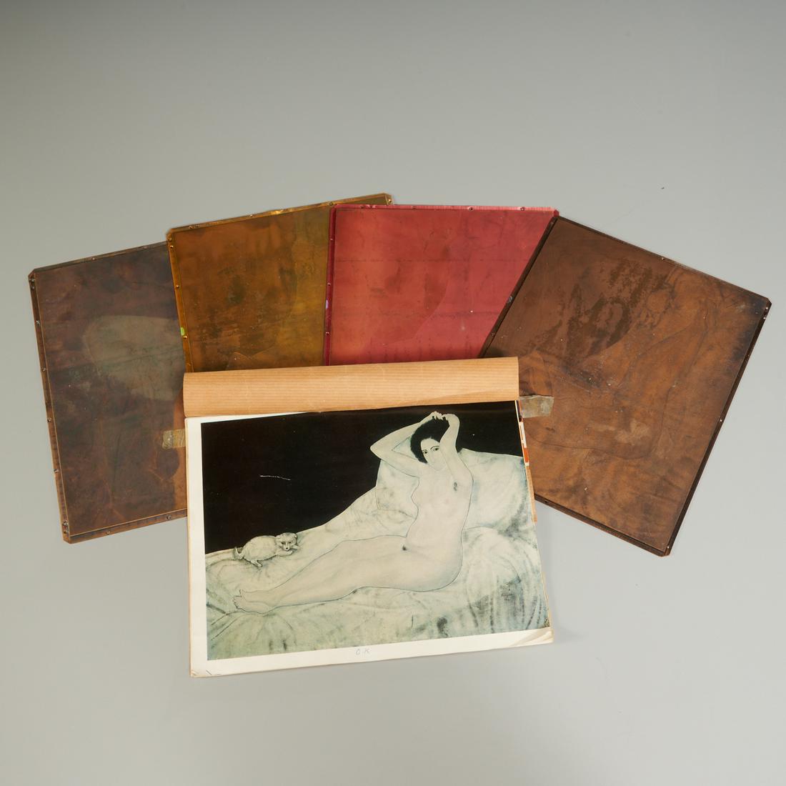 Foujita, copper printing plates: Foujita, copper printing plates, After Leonard Tsuguharu Foujita (Japanese-French, 1886-1968), "Reclining Nude with a Small Dog", (4) copper plates: blue, yellow, black and red, for a screened offset 