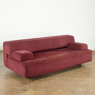 Thomas Muller/Jorg Wulff for COR, Cosma sleep sofa: Thomas Muller/Jorg Wulff for COR, Cosma sleep sofa, c. 2009, German, burgundy upholstered sleep sofa, versatile seating, with removable arm rests, on casters, unmarked, 22.5"h x 79.5"w x 39.5"d Proven