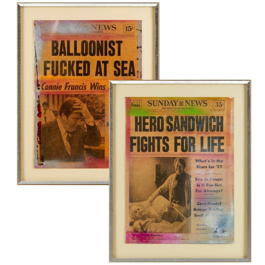 Steve Gianakos, (2) mixed media collages, c. 1977: Steve Gianakos, (2) mixed media collages, c. 1977, Steve Gianakos (American, b. 1938), "Hero Sandwich.." and "Balloonist Fucked at Sea" from the Headline Series, acrylic on newspaper with altered head