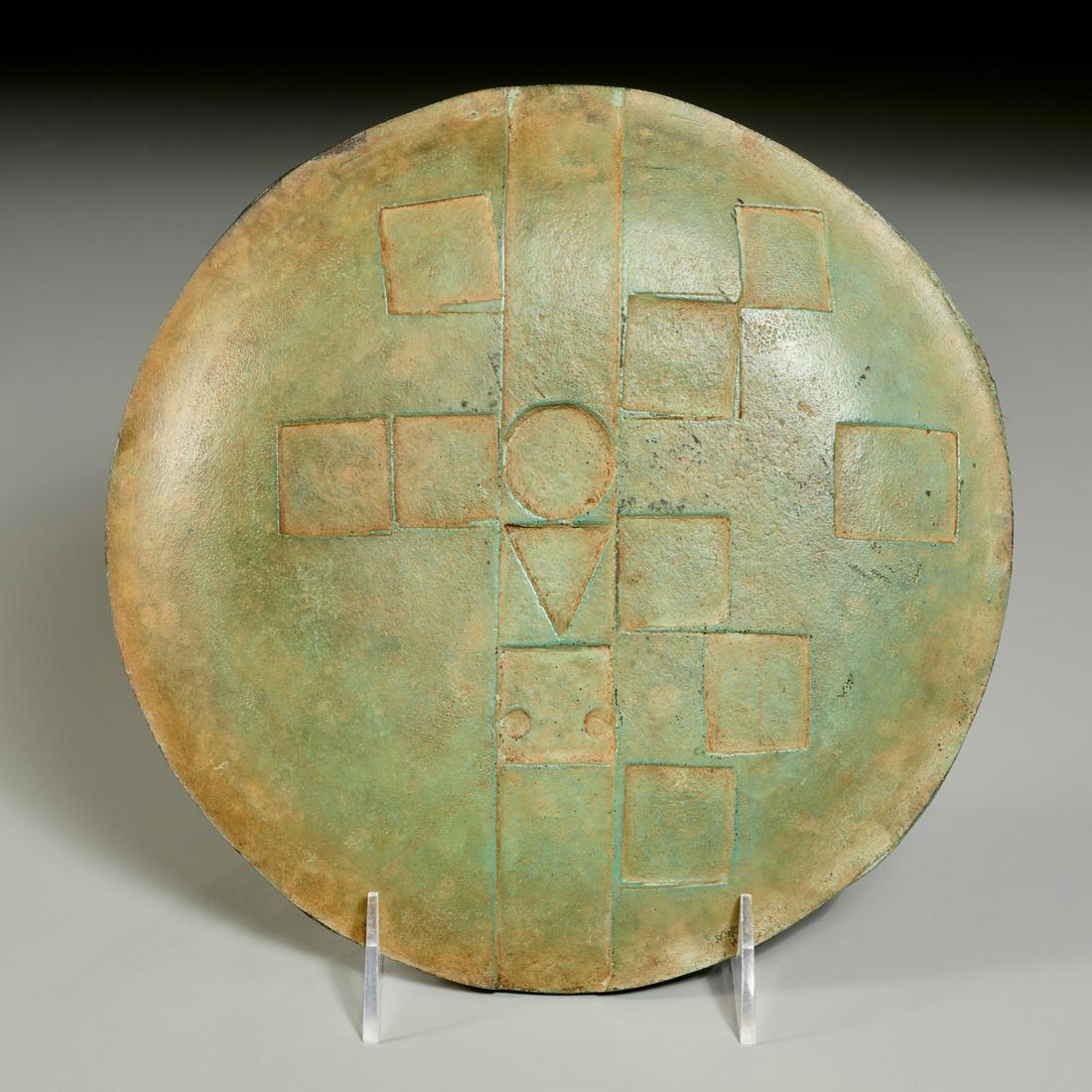 Robert Courtright, small bronze mask: Robert Courtright, small bronze mask, Robert Courtright (American, 1926-2012), Untitled, verdigris patinated cast bronze, signded and numbered 1/5 verso, 9"dia Provenance: The Collection of Litsa Tsit