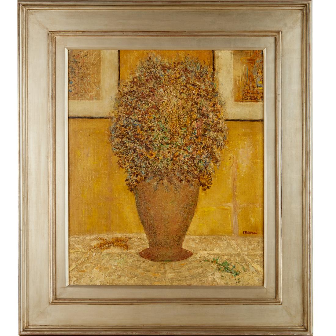 Arnold Friedman, oil on canvas, c. 1943: Arnold Friedman, oil on canvas, c. 1943, Arnold Friedman (American, 1874-1946), "Floral Still Life", signed "Friedman" lower right, gallery labels verso, 24"h x 20"w (canvas), 34"h x 29"w (frame) Prov