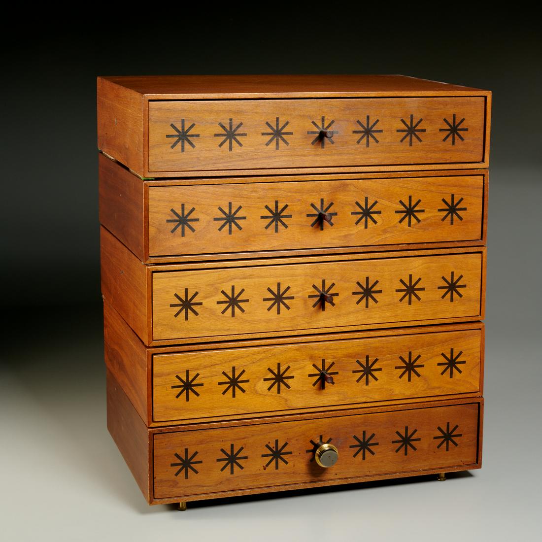 Paul McCobb, (5) rare walnut jewelry boxs: Paul McCobb, (5) rare walnut jewelry boxs, c. 1960s, American, the drawers decorated with ebonized stars, all but one with brass and wood pull, stackable, one with brass feet, each with Directional/Ca