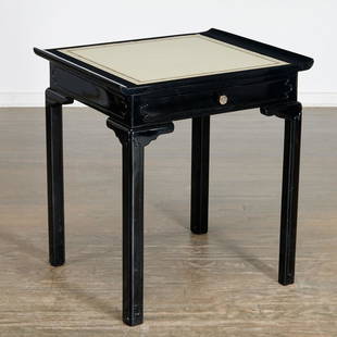 William "Billy" Haines (attrib), chinoiserie table: William "Billy" Haines (attrib), chinoiserie table, Mid-20th c., American, black lacquered wood, inset gilt tooled leather, the pagoda-form occasional table with shaped frieze drawer and conforming in