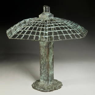Louis Cane, patinated bronze table lamp: Louis Cane, patinated bronze table lamp, c. 1991, France, Brutalist style verdigris patinated cast bronze, with a square tree trunk-form base and an openwork umbrella form shade, the base signed "Cane