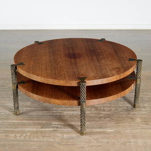 Louis Cane, palmwood and bronze coffee table: Louis Cane, palmwood and bronze coffee table, c. 1998, France, the round two-tier table with openwork patinated bronze tube legs, from the "Grille" series, stamped "Cane" and numbered 1/8 on top bronz