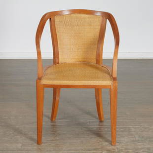 Louis Cane, woven rattan and oak fauteuil: Louis Cane, woven rattan and oak fauteuil, Louis Cane (France, b. 1943), stamped "Cane France" to underside, 31"h x 18"w x 20"d, 17"h (to seat) Provenance: Contents from the home of a recording indust